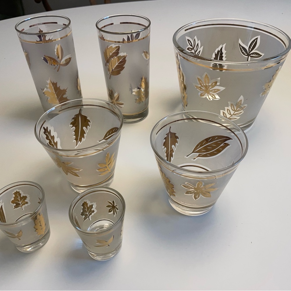 Vintage Libbey Golden Foliage Glassware Set MCM Gold Leaf Ice Bucket 7pc - Picture 2 of 11